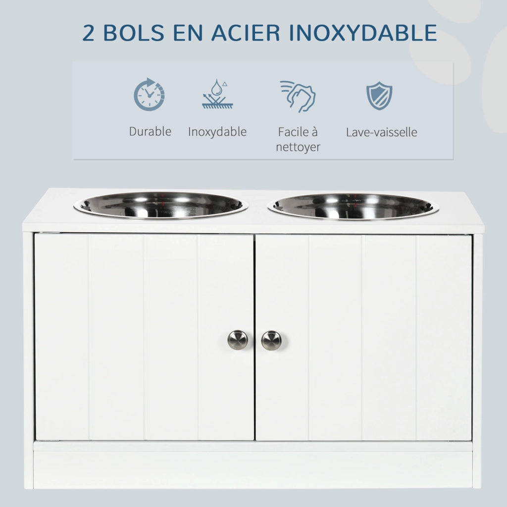 Ciotola per Cani e Gatti Sollevata ¨C Minimal ¨C Legno Bianco 60x30x35.5 cm