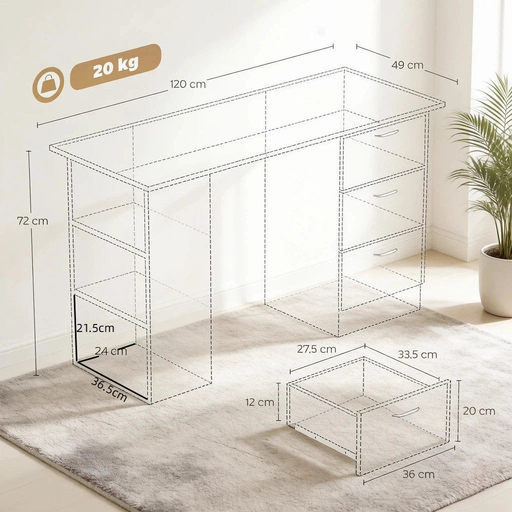 SCRIVANIA Computer 120x49x72 cm MDF Nero con 3 ripiani e 3 cassetti