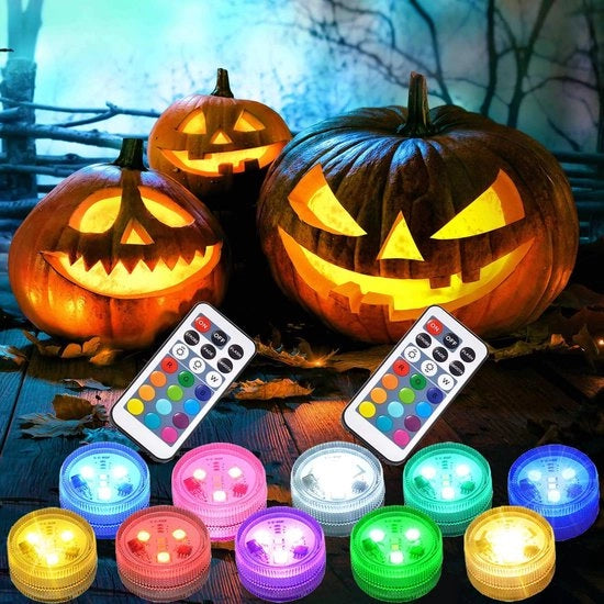 Mini-lanterne di Halloween, LED, lampa acquatica, subacquea, impermeabile, RGB, multicolore, candele, illuminazione con 2 telecomandi, per piscina, lanterna di Halloween, decorazione, 10 pezzi