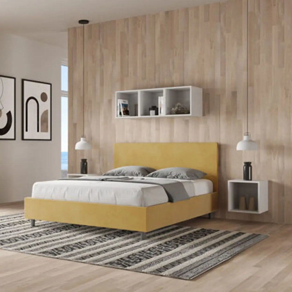 Letto matrimoniale con rete imbottito 160x210 microfibra ocra Adele
