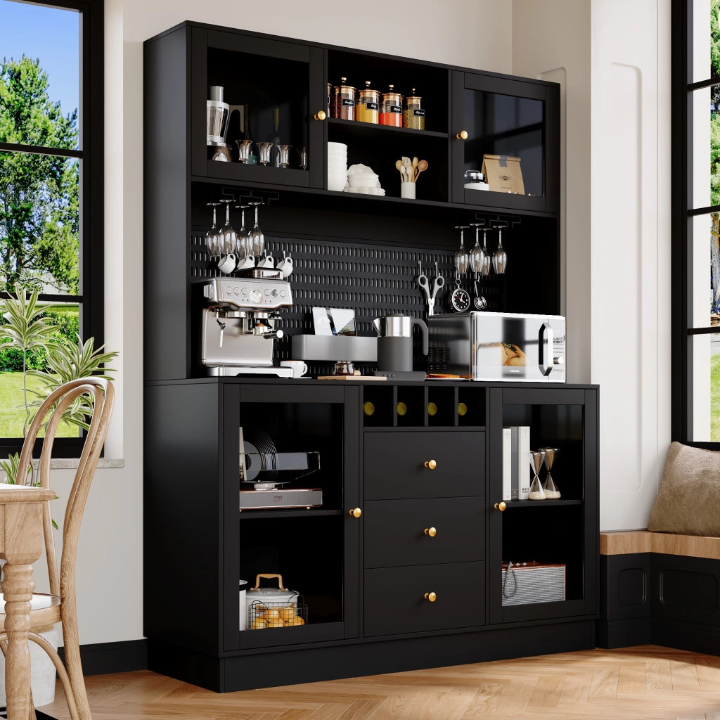Armadio Alto da Cucina con Luce LED, Ripiani e Portabottiglie ¨C Xylo ¨C Nero