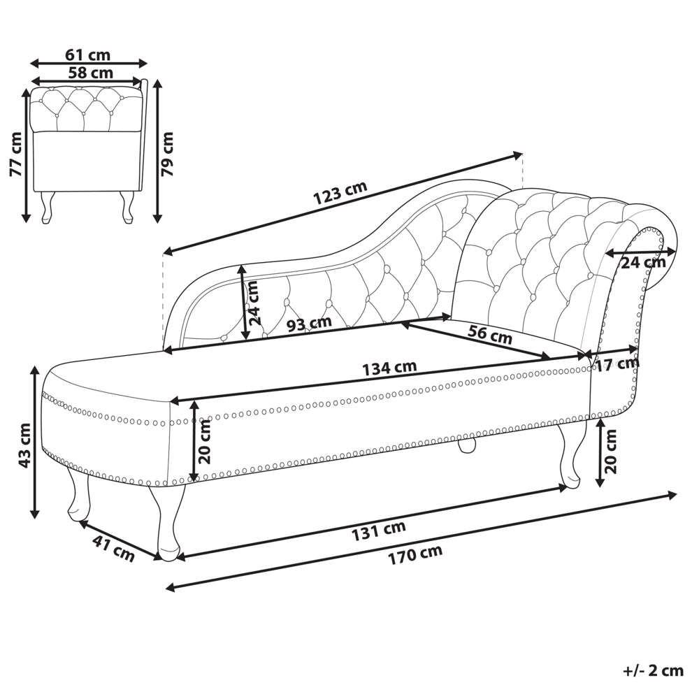 Chaise longue Nero versione destra Velluto abbottonato testa chiodata