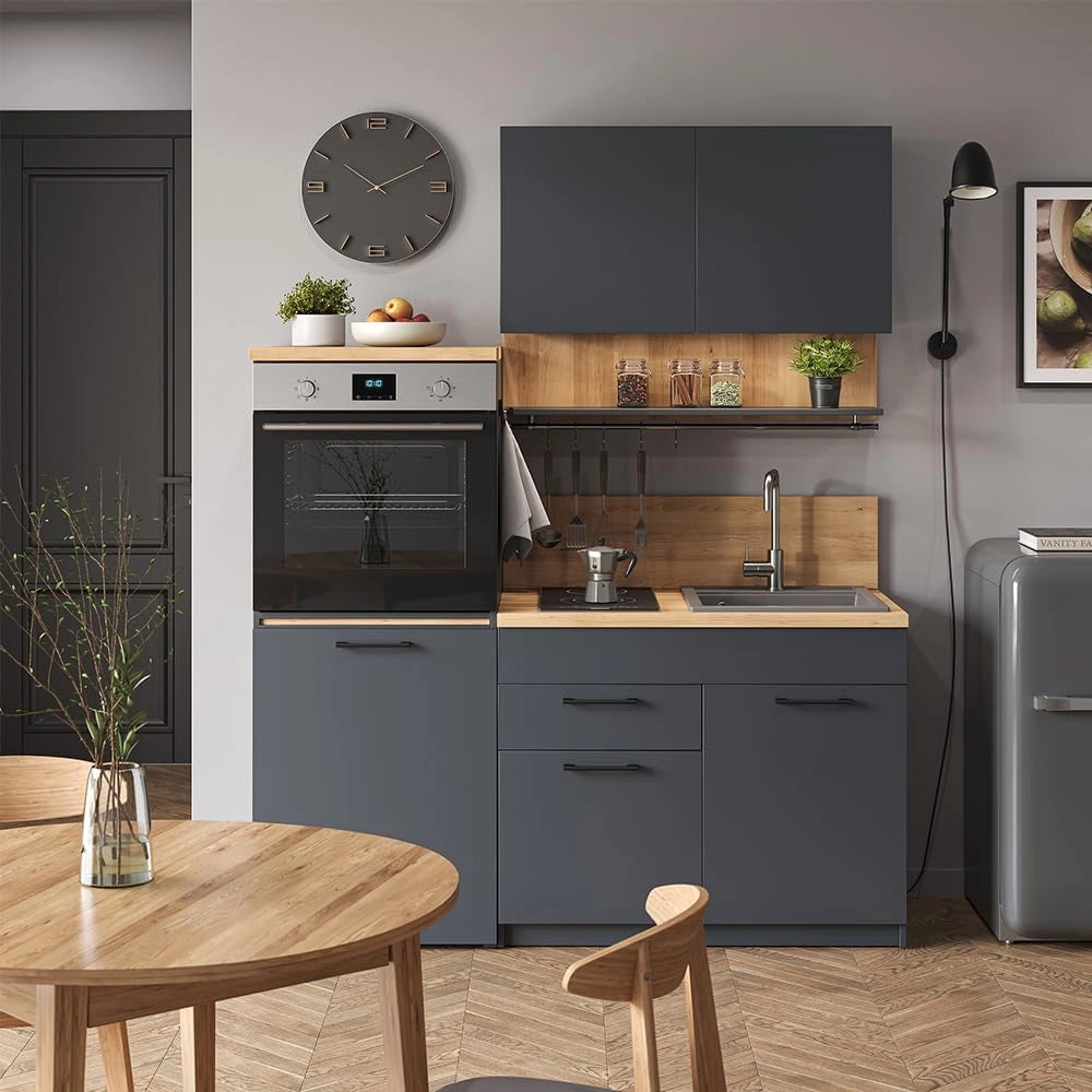 Cucina singola Egbert, Antracite, 160 cm con tavolo allungabile con striscia LED, con asciuga piatti integrato e ripiani laterali