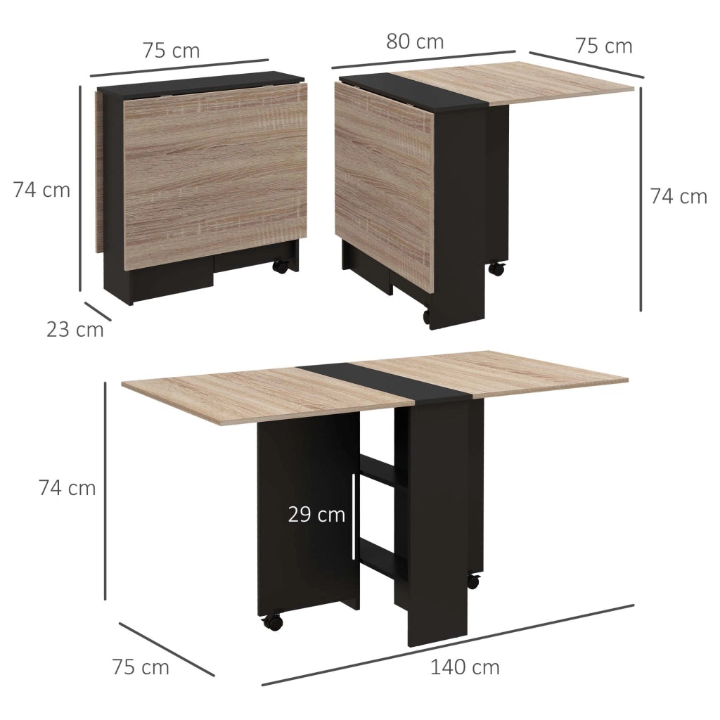 Tavolo Pieghevole Salvaspazio 140x75x74 cm con Ruote e Ripiani Rovere e Nero
