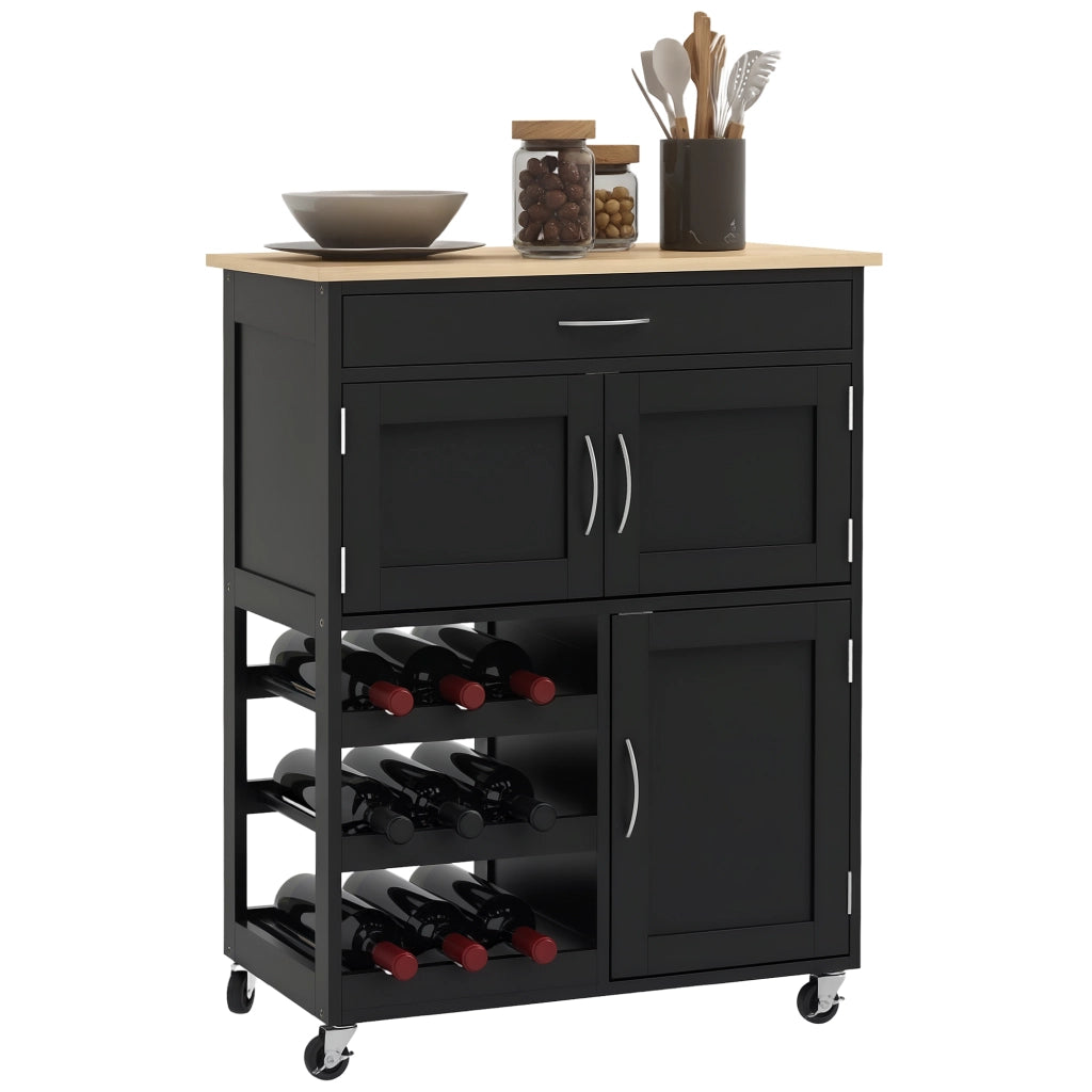 Carrello Portabottiglie da Cucina in Legno con Ante e Cassetto ¨C Zephmum ¨C Nero e Rovere 67x37x87 cm