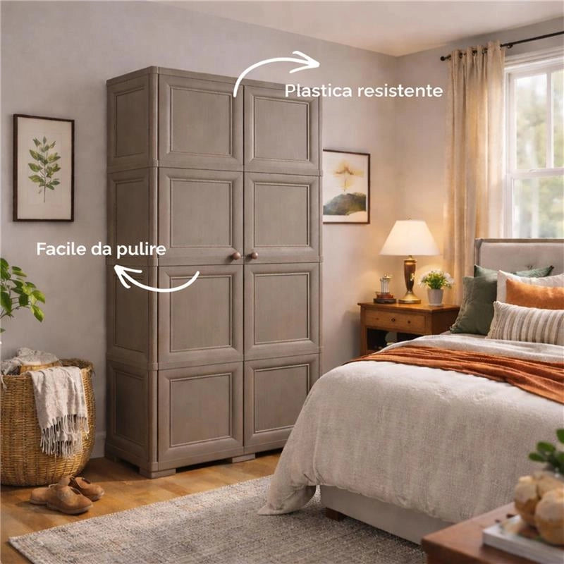 ARMADIO 2 ANTE TAUPE 79X43X164 CM CON 4 SCOMPARTI E VANO PORTASCOPA – MOBILE ALTO ORGANIZZAZIONE CASA PER INGRESSO E LAVANDERIA