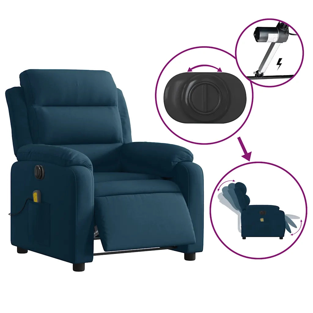 Poltrona Massaggiante Reclinabile Elettrica Blu in Velluto 3205091