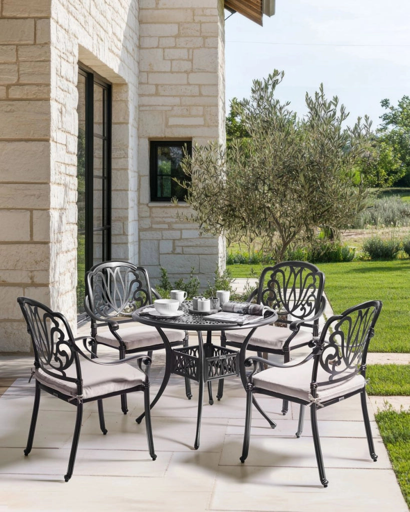 Set di 4 Sedie da Giardino Vintage in Alluminio Nero con Cuscini