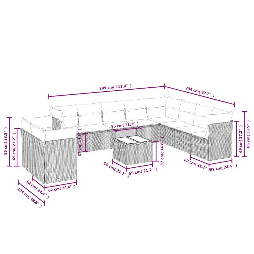 Set Divani da Giardino 11 pz con Cuscini in Polyrattan Nero