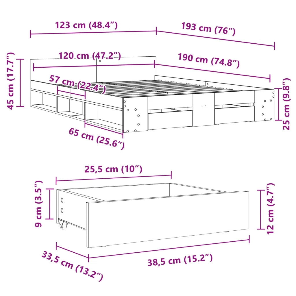Letto matrimoniale | Letto per adulti | Giroletto Cassetti Grigio Cemento 120x190 cm Legno Multistrato