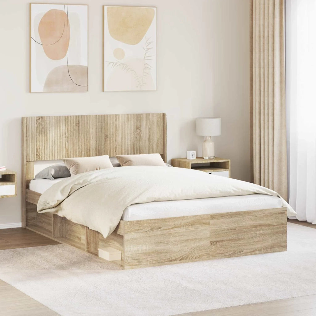 Letto matrimoniale | Letto per adulti | Struttura del letto con stoccaggio e testata Rovere Sonoma