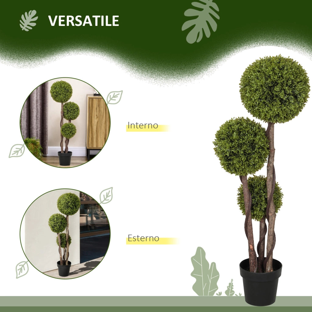Pianta di Bosso Artificiale 115A cm a 3 Sfere con Vaso Incluso Verde