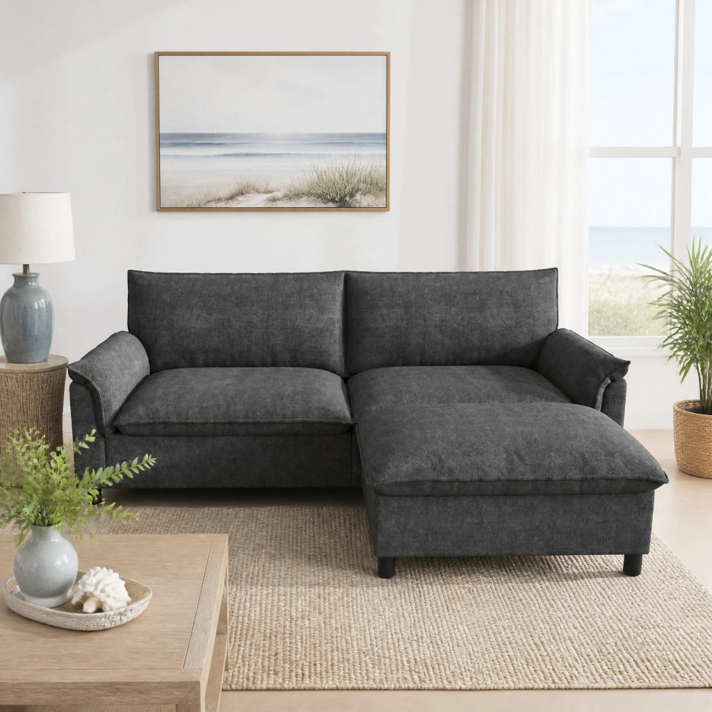 DIVANO Angolare Modulare 216 cm in Chenille Nero con 1 poggiapiedi