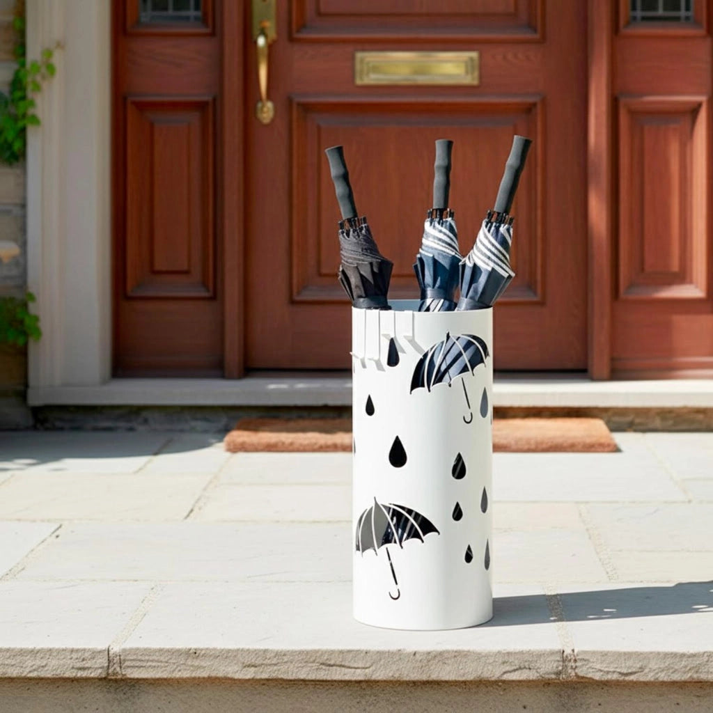 Portaombrelli Rotondo In Acciaio Zincato Design Moderno Con Vaschetta Scolapioggia Base Antiscivolo E 4 Ganci Removibili Per Ingresso Casa E Ufficio 41 X 17 Cm Bianco