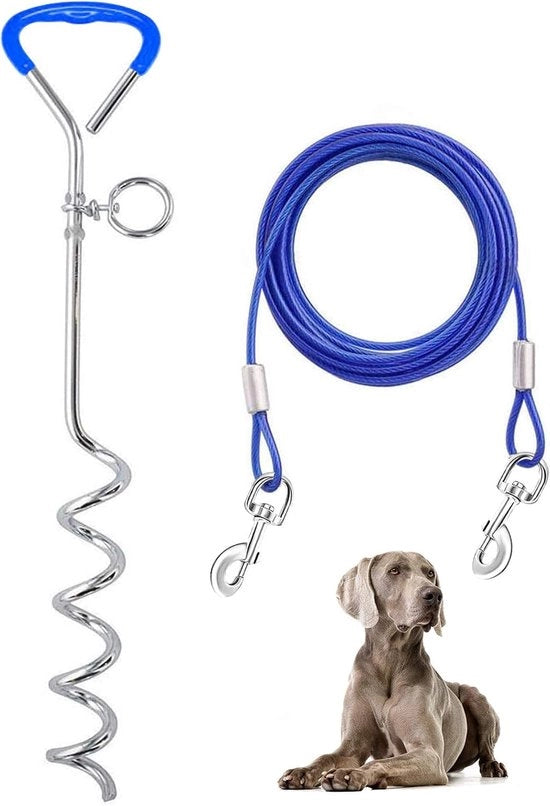 Cavo e palo per cani, esterno, giardino e campeggio, per cani di taglia media a grande fino a 57 kg, palo da 40 cm, corda di 32/30/25/20/16/15/10/6 m con molla resistente e ganci metallici per esterno (4,5 m) - blu - 4,6 m