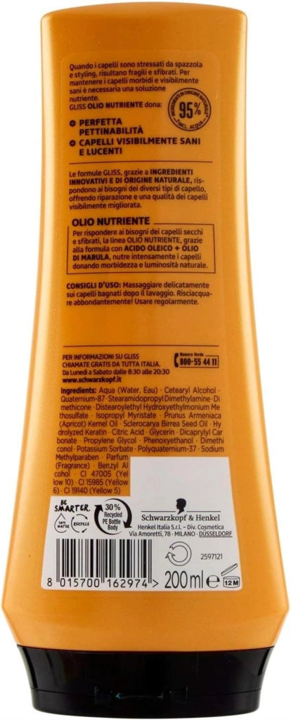 SCHWARZKOPF GLISS OLIO BALSAMO NUTRIENTE 200 ML PER CAPELLI FRAGILI E SFIBRATI