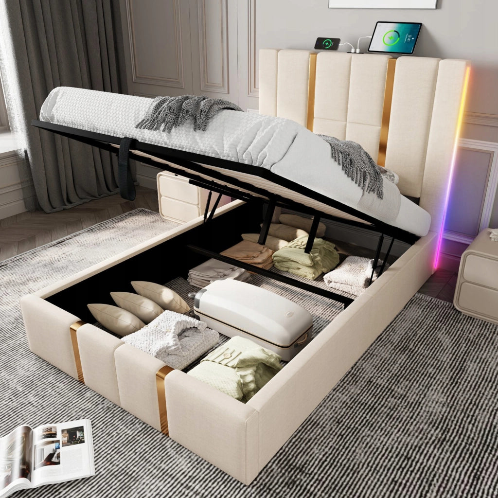 Letto imbottito 90x200 - Xylo - Beige, USB-C e LED