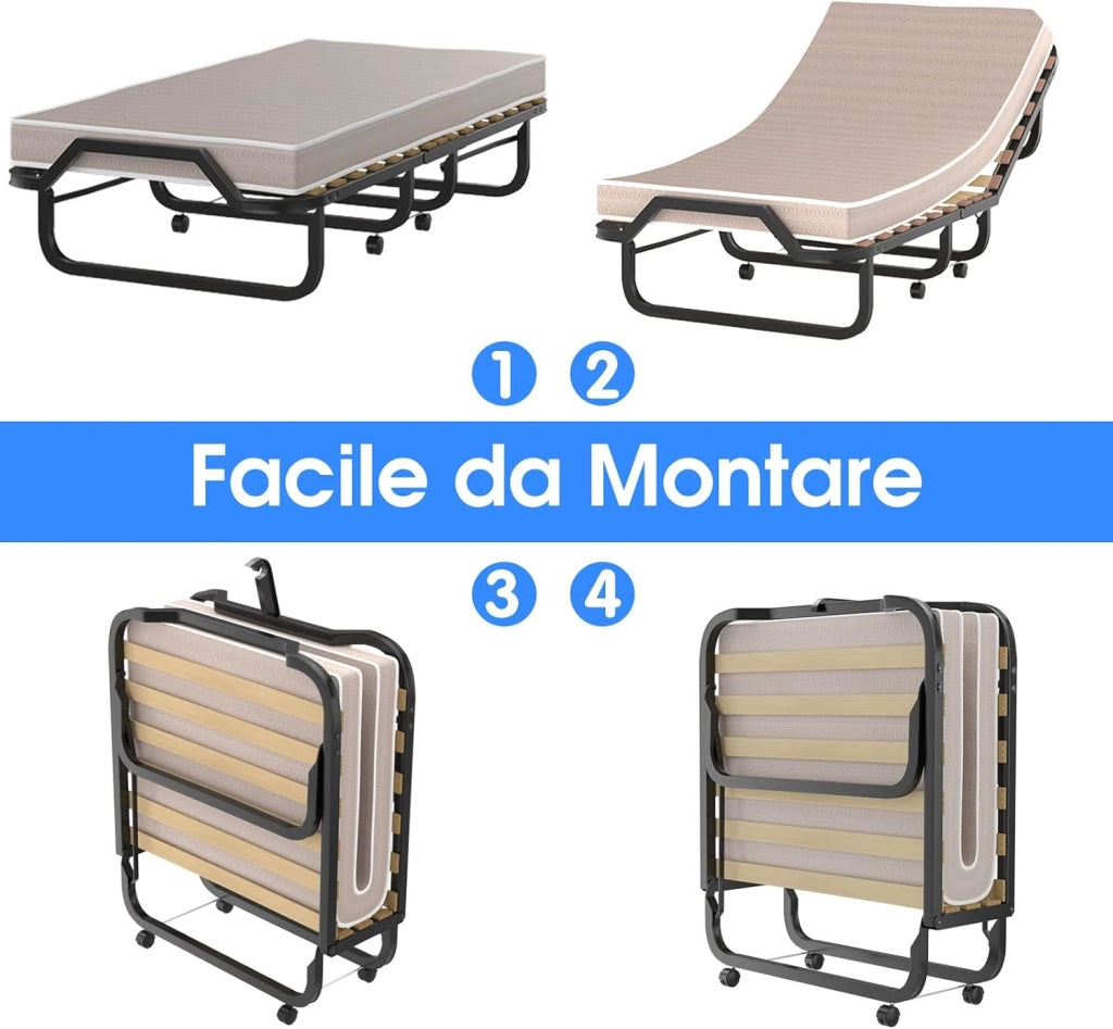 Letto Brandina Pieghevole a Doghe con Materasso in Memory Foam, 200x90 cm, Letto Portatile con 4 Ruote e Struttura Resistente, Carico 130kg, Made in Italy (Stile 2)