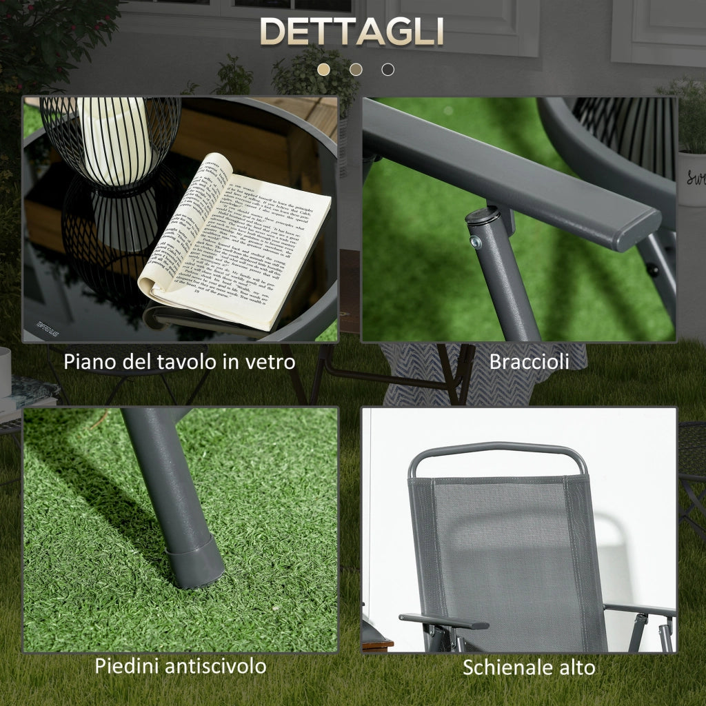 Set 3 Pezzi da Giardino con 2 Sedie 53,5x64x93 cm e Tavolino da Caffè Ø45x50 cm in Metallo Grigio Scuro