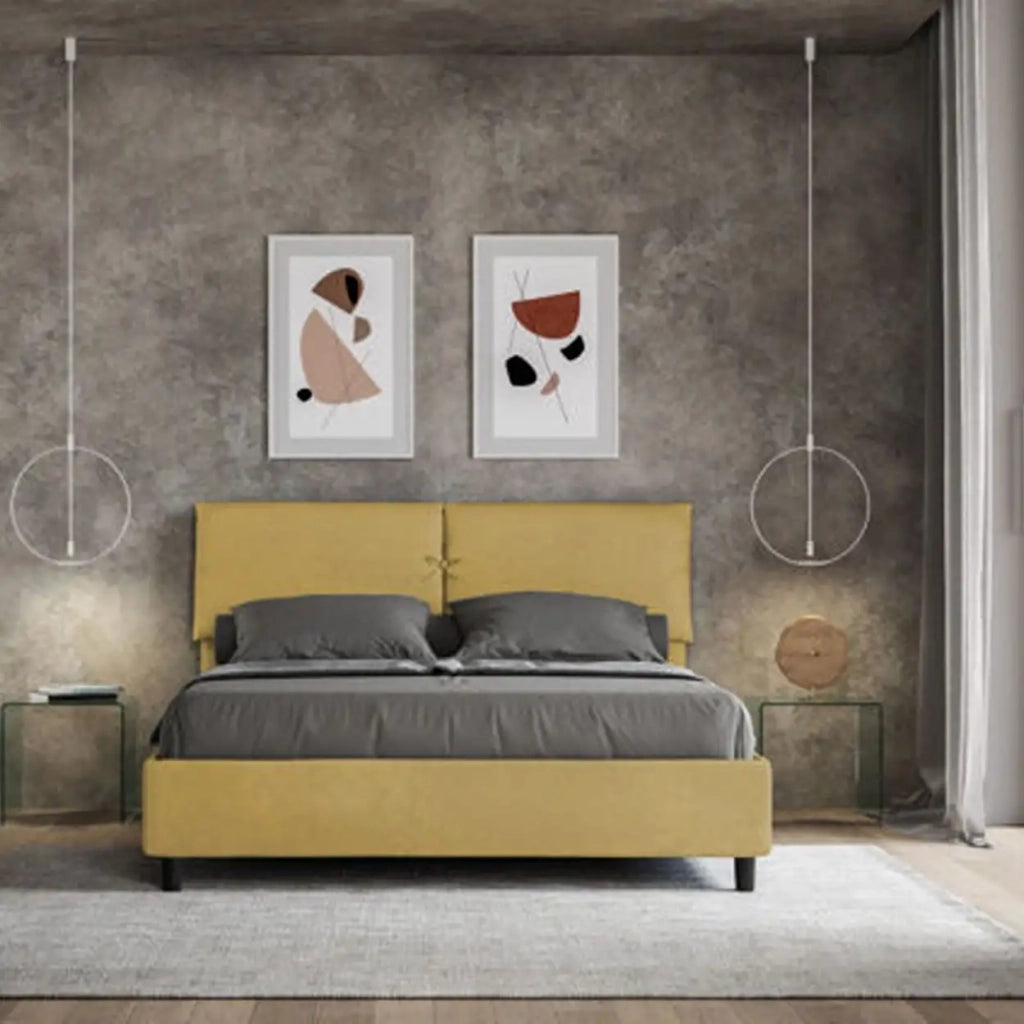 Letto matrimoniale con rete imbottito 160x200 microfibra ocra Mados