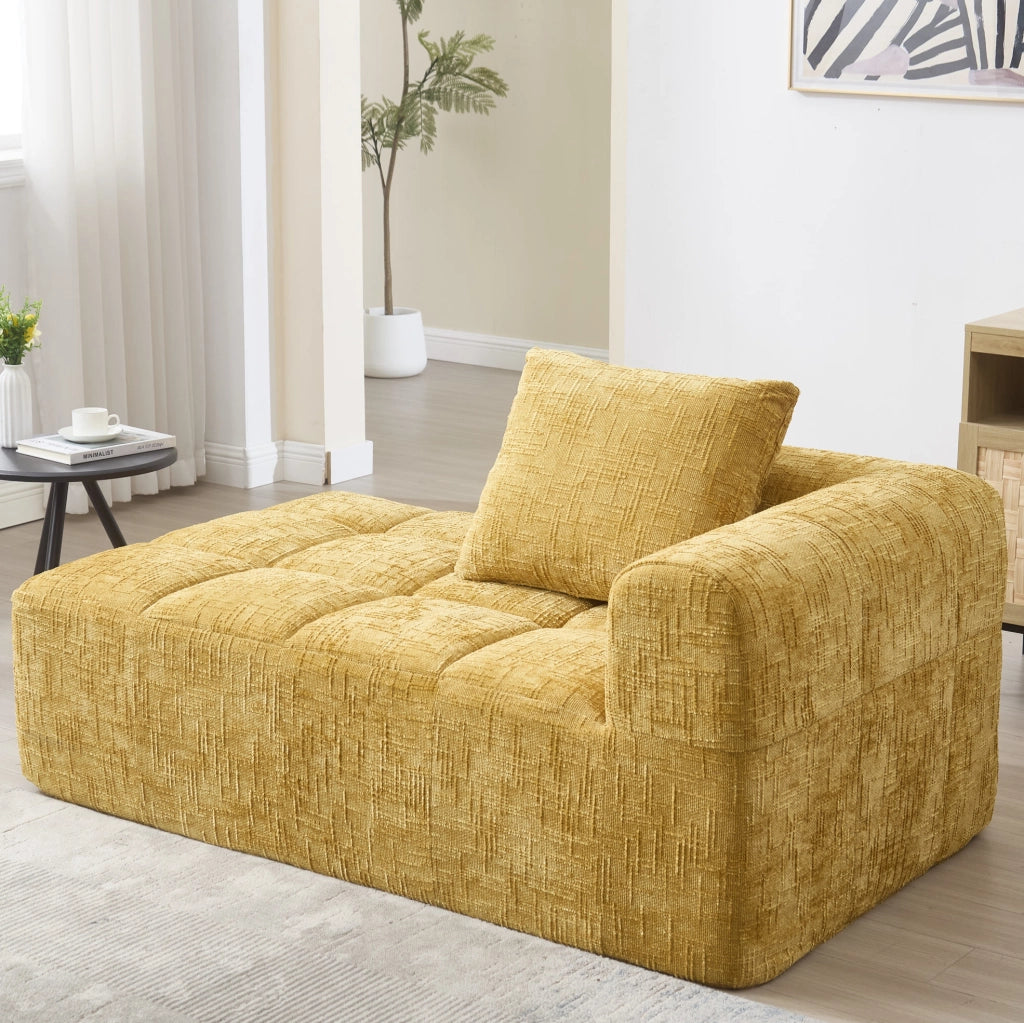 Divano chaise longue 158x90x60 cm con tasche laterali e cuscino in chenille giallo