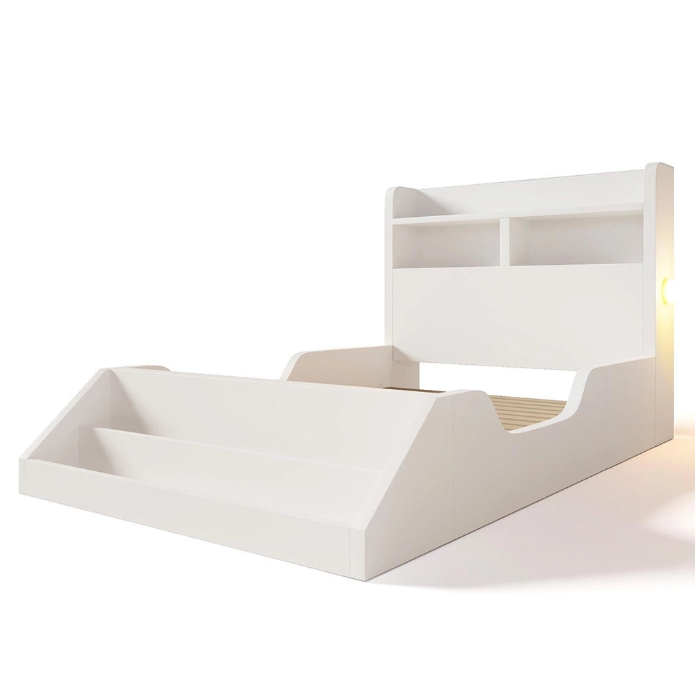 Letto legno-Xylo-90x200cm ripiani luci biblioteca bianco senza materasso