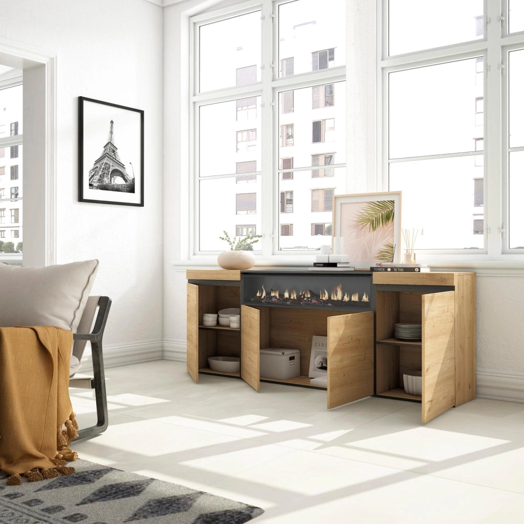 Credenza, Mobile, 200x35x75cm, 4 Porte, Camino elettrico, colore Rovere e nero RF2282