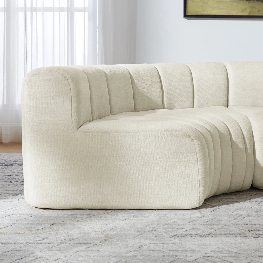 Divano angolare modulare a 4 posti in chenille beige; componibile e multifunzione