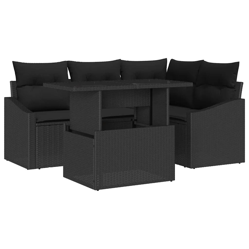 Set Divano da Giardino con cuscino 5 pcs Nero polyrattan