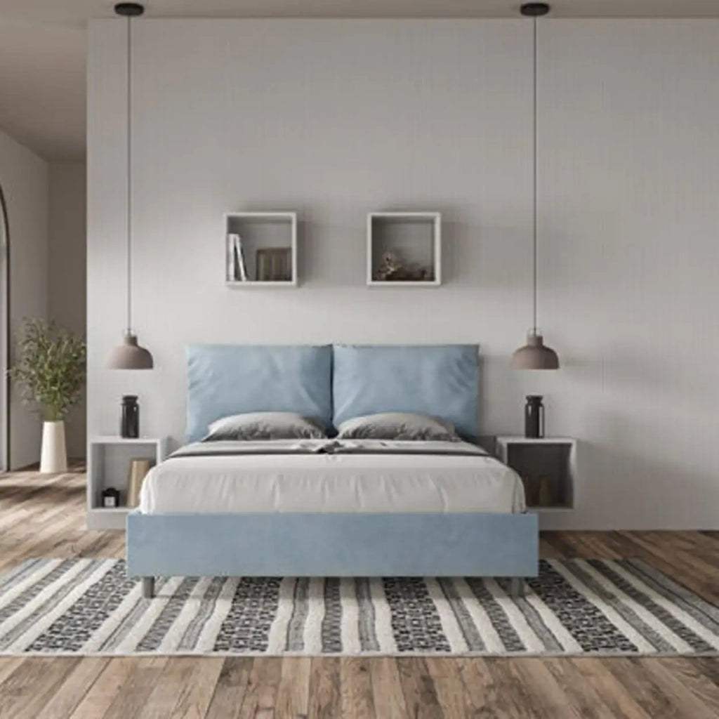 Letto matrimoniale con rete imbottito 160x200 microfibra azzurro Antea