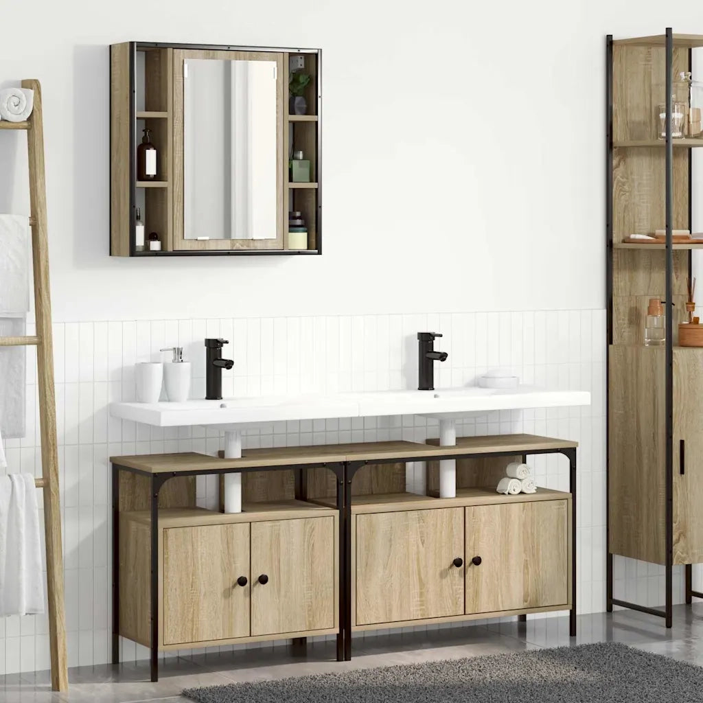 Set di mobili per il Bagno | Armadio da bagno 3 pz Marrone Legno multistrato