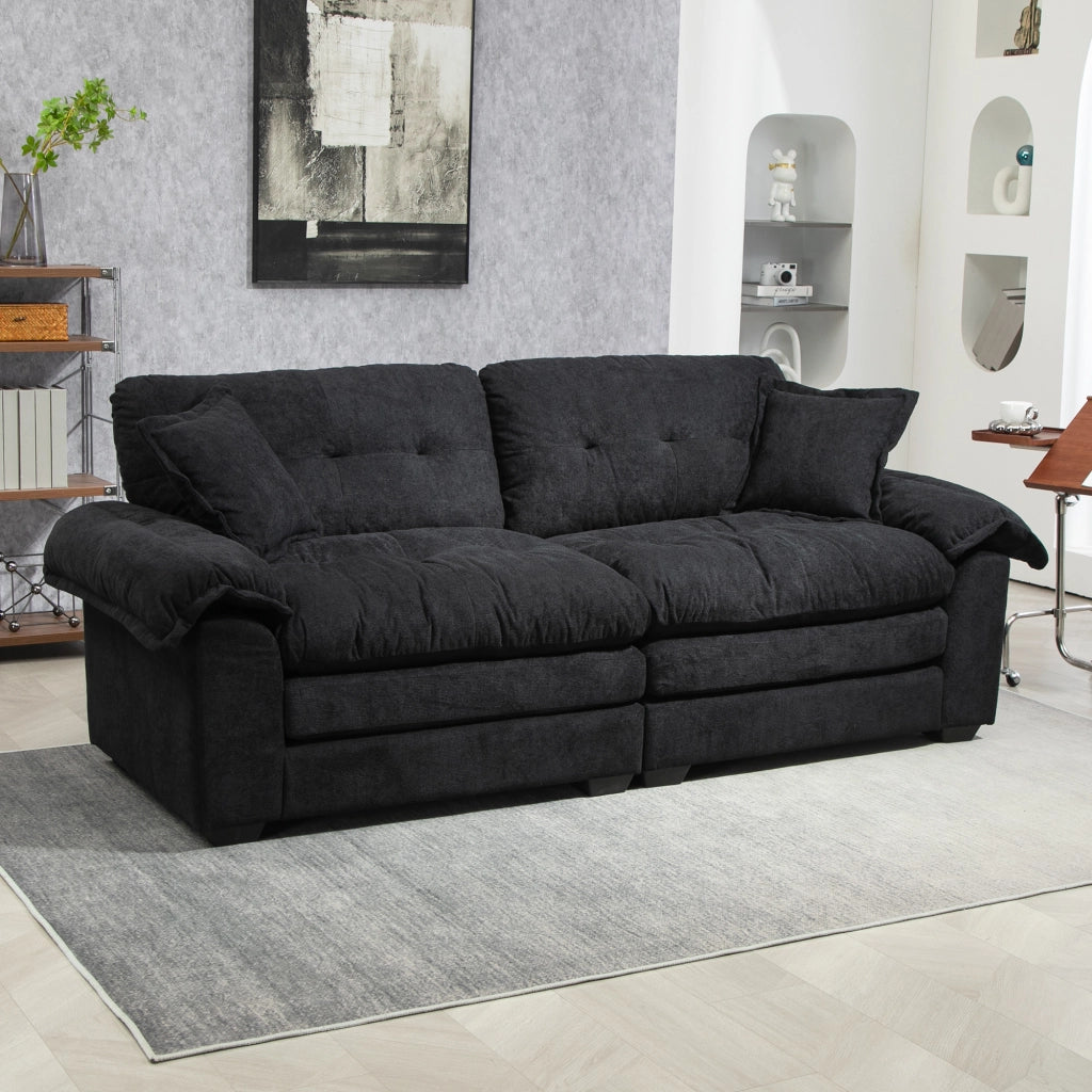Divano diritto in chenille con cuscini a doppio strato e seduta profonda nero 214 × 89 × 93 cm