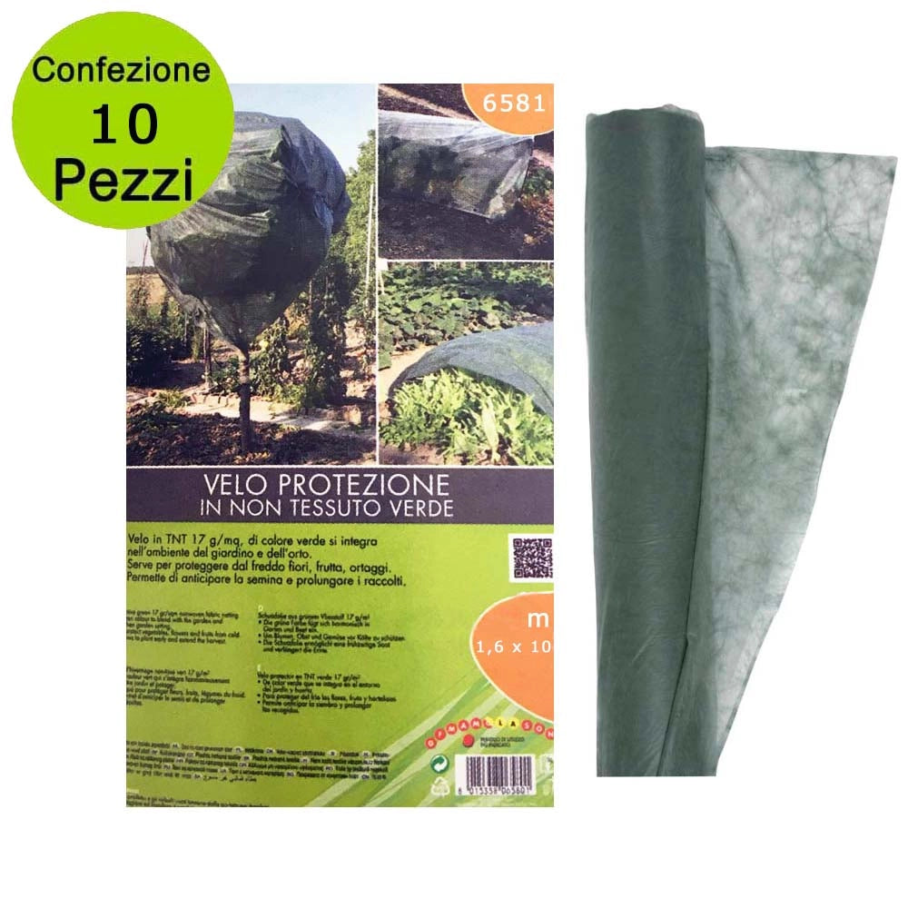 Multipack 10 pz telo protettivo per piante velo in tnt verde 17g/mq misura 1,6 x 10 metri