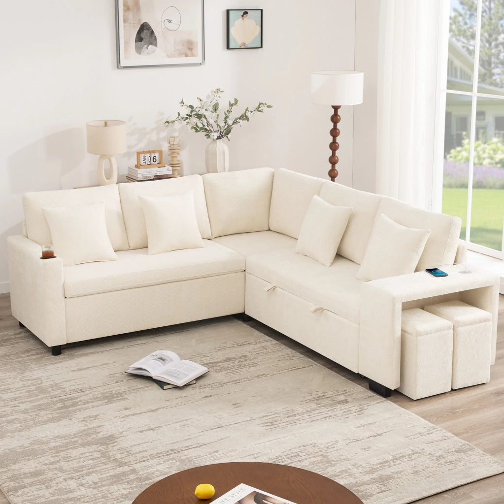 Divano angolare modulare 5 posti con letto e contenitore; in chenille beige; 220x205 cm