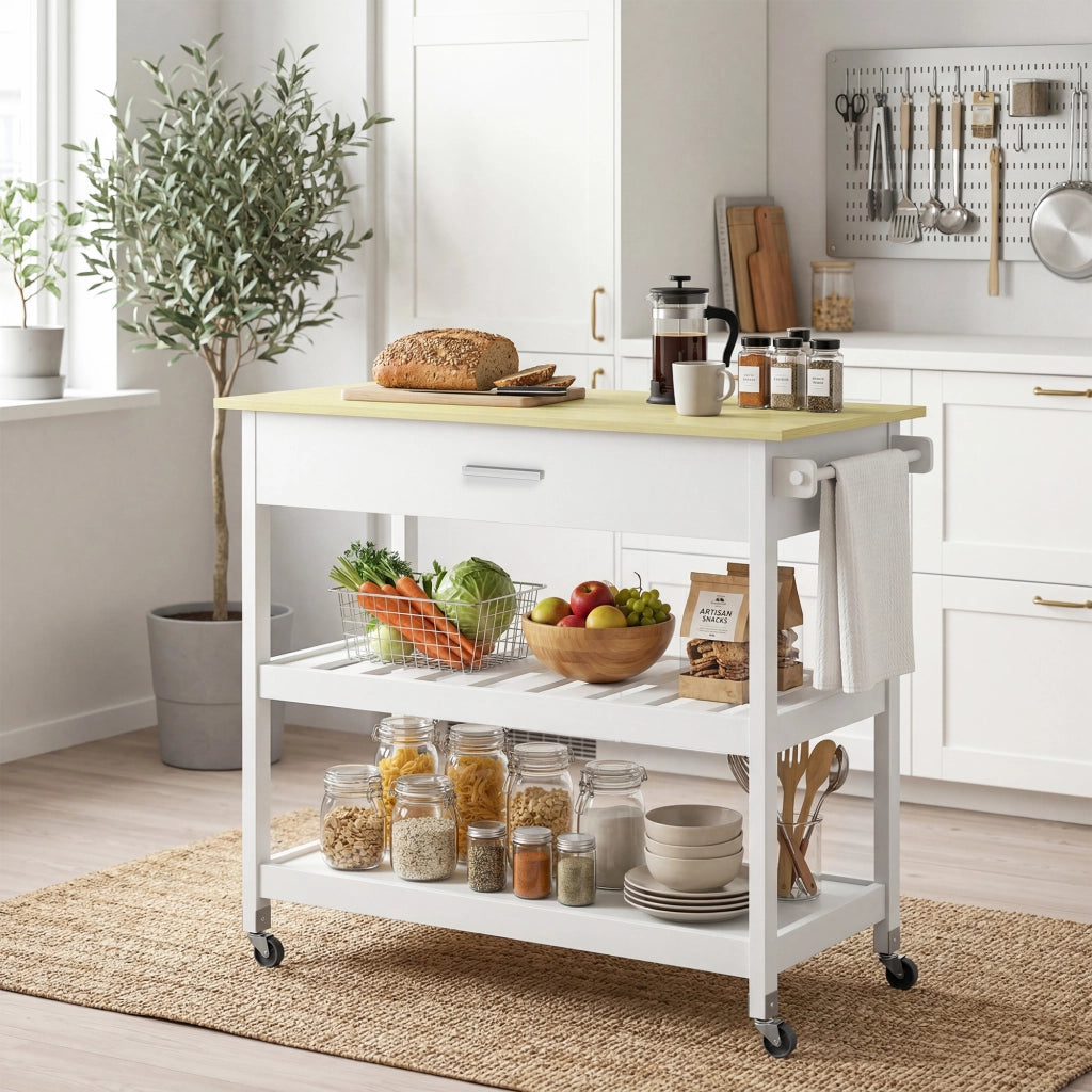 Carrello cucina con ruote ¨C Xylo ¨C piano lavoro, cassetto, ripiani, portasciugamani, bianco