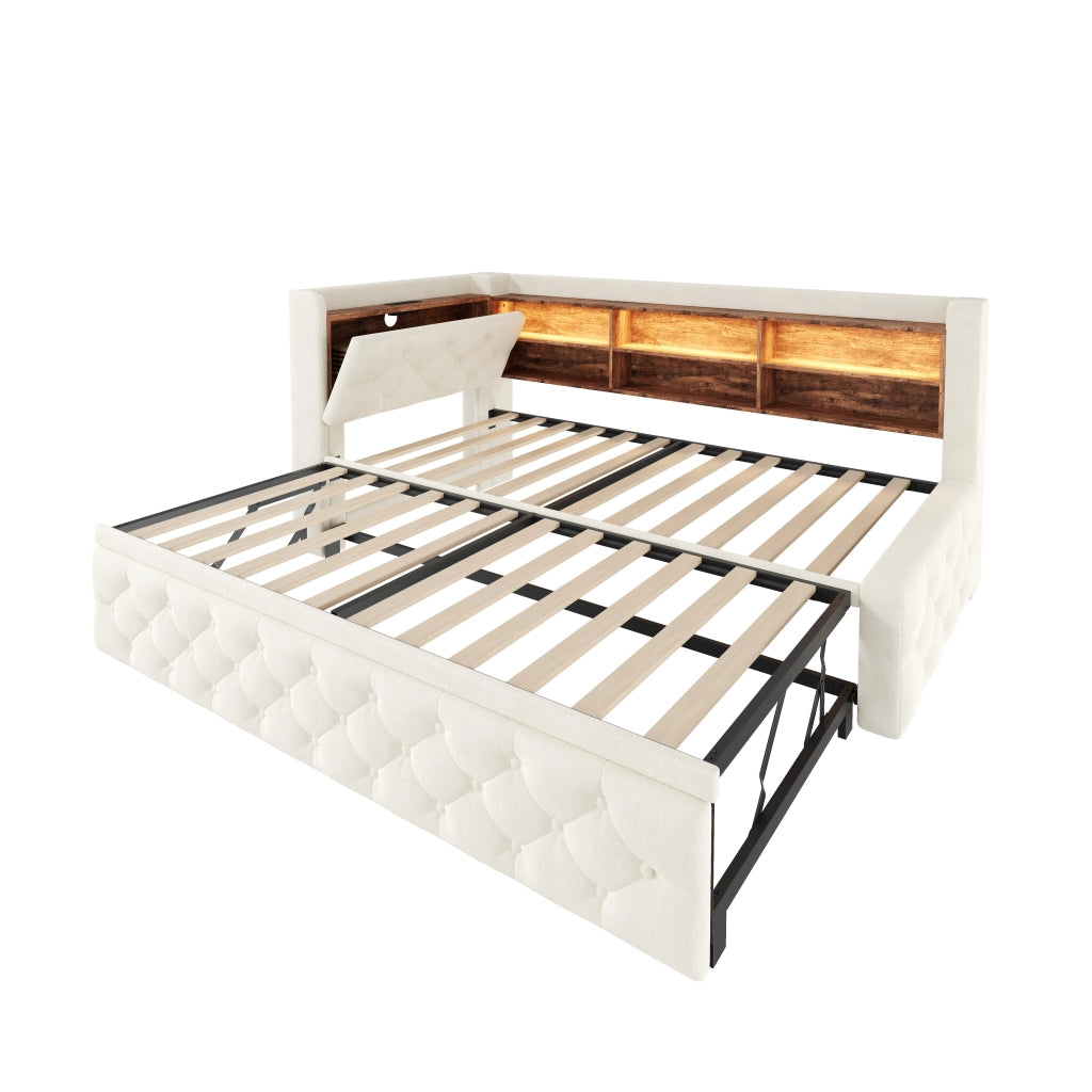 Divano letto estraibile 90x190 cm in velluto beige con contenitore, USB, Type-C e LED