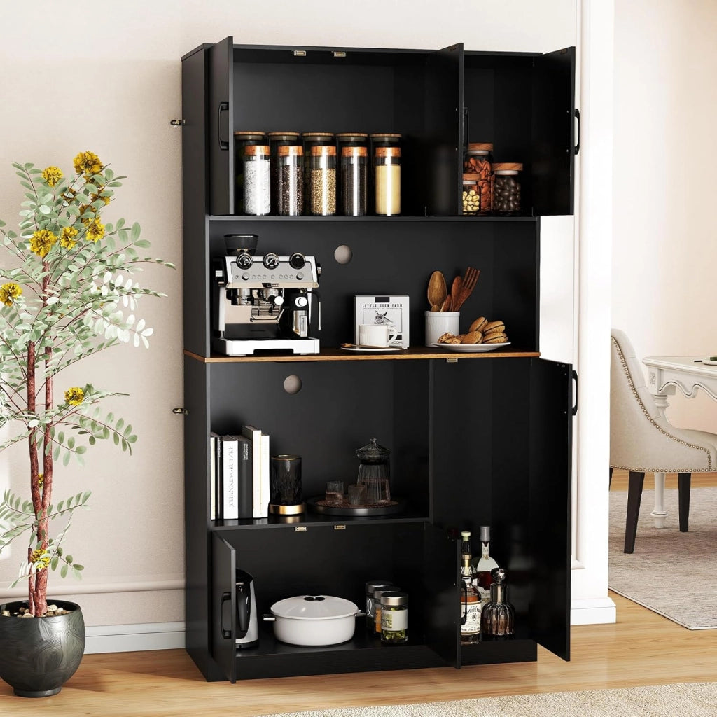 Armadio Dispensa Alto 180 cm, Credenza da Cucina con Presa di Corrente e 4 Ante, per Cucina, Sala da Pranzo e Soggiorno, 100 x 40 x 180 cm (Nero)