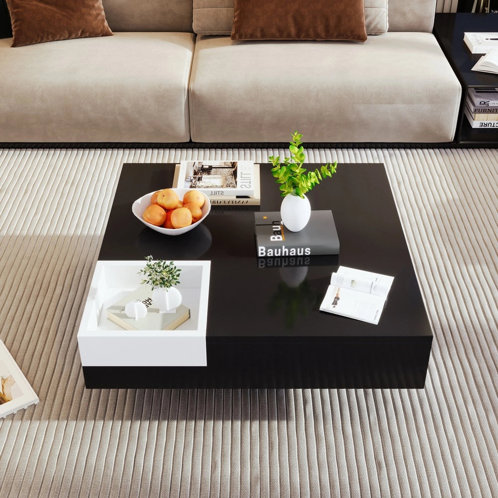 Tavolino da Caff¨¨ con LED e Box Contenitore ¨C MINIMAL ¨C Bianco e Nero Lucido, 72x72x30 cm