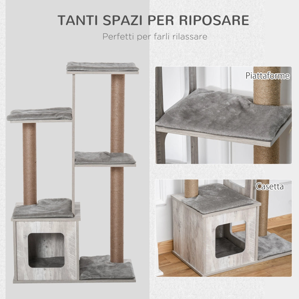 Tiragraffi per Gatti con Cuccia e Corde ¨C Minimal ¨C Grigio 67x38.5x114 cm