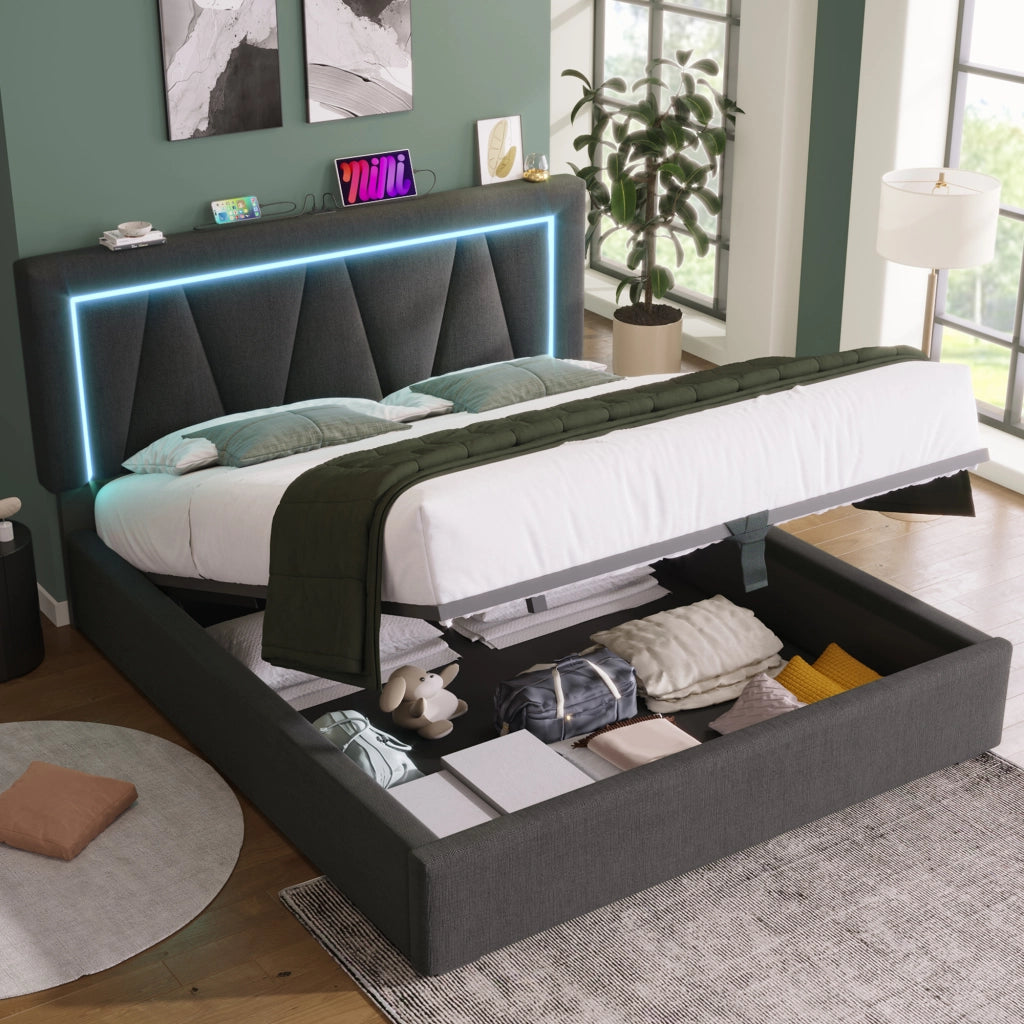 Letto Contenitore Imbottito LED ¨C MINIMAL ¨C 140x200, Tessuto, USB, Rete a Doghe