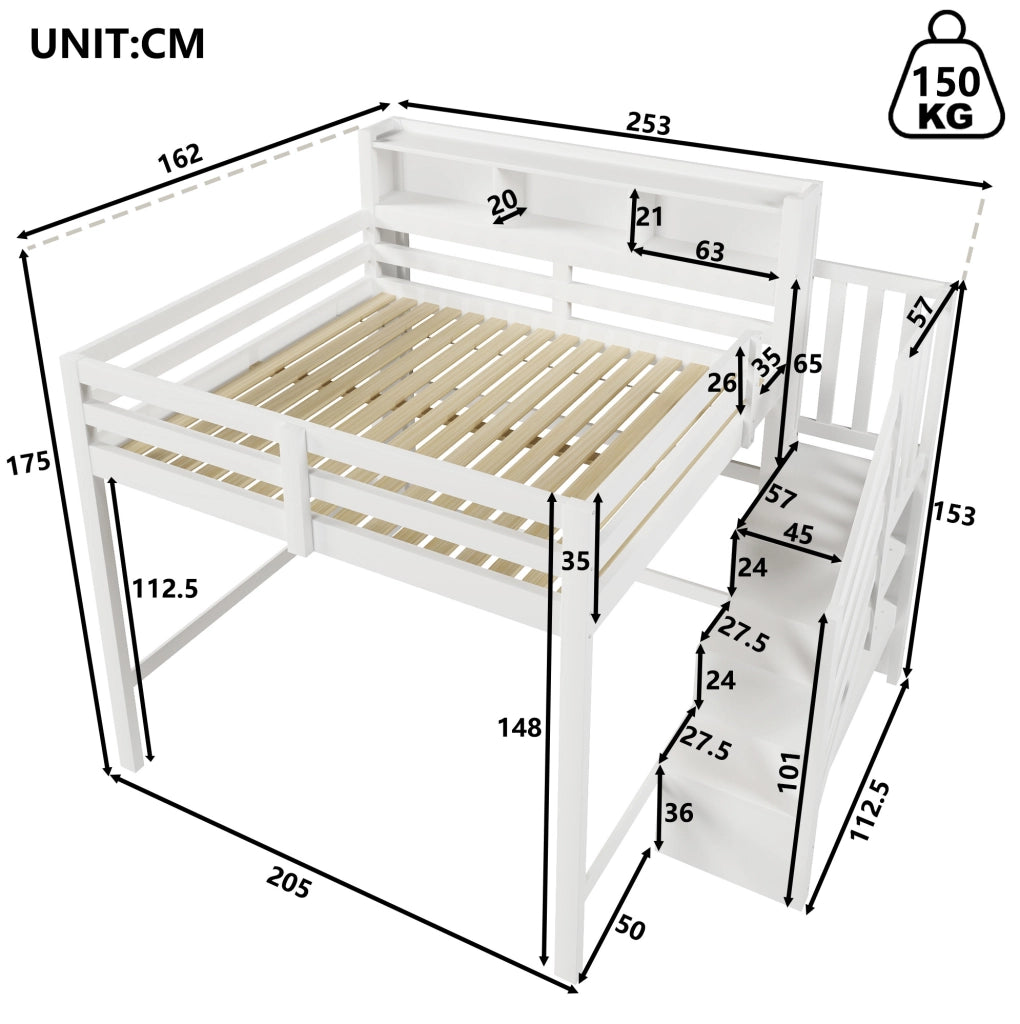 Letto a castello 140x200 cm con LED; scala con contenitore e protezioni; bianco