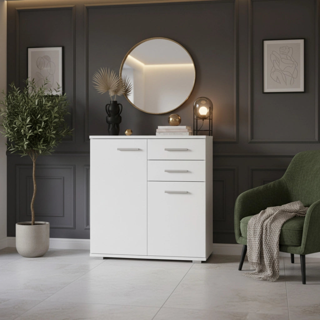Commode FAUSKE - 2 Cassetti - 2 Ante - Bianco - Larghezza 69 cm, Altezza 74 cm, Profondit? 34 cm