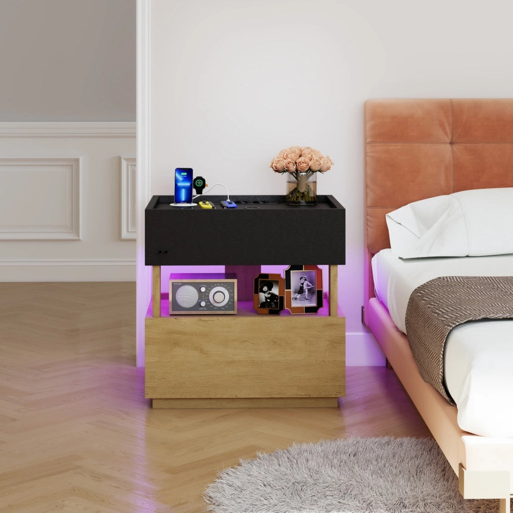 Comodino, 2 cassetti, tavolino a due ripiani, luce a LED, nero e color legno naturale
