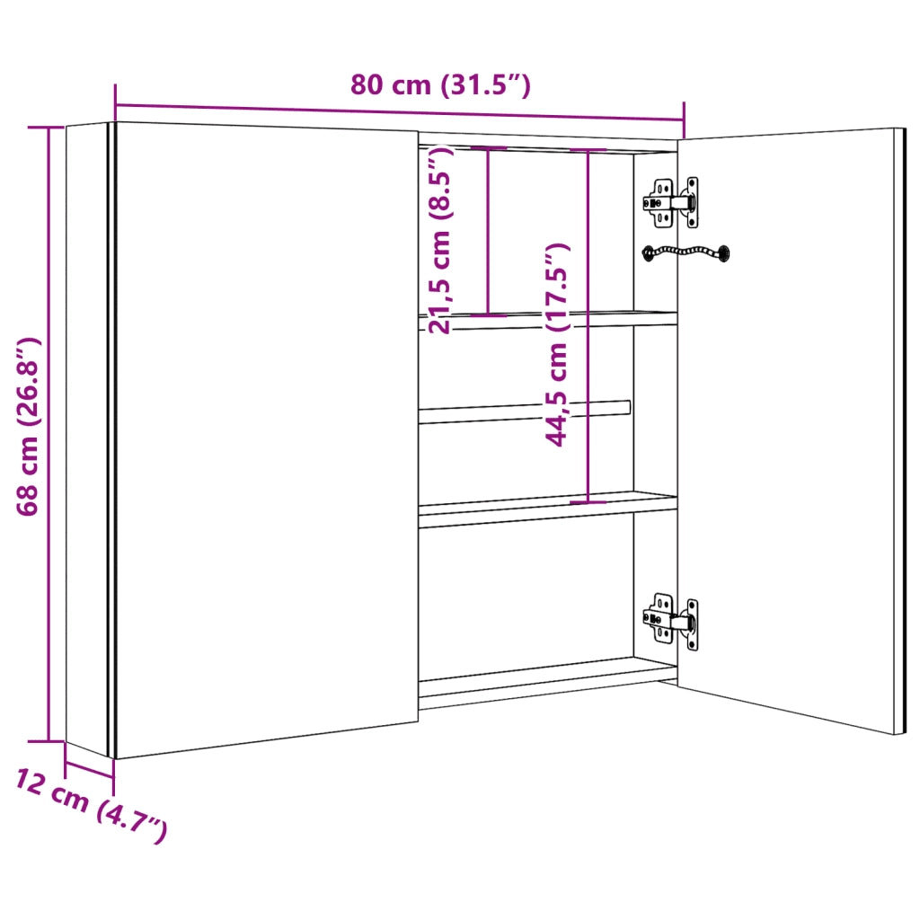 Armadietto Bagno con Specchio e LED-Mobiletto a specchio Nero Lucido 80x12x68 cm
