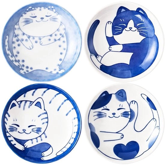 Set di piatti per gatto da 4 pezzi - Piatti da cibo in ceramica - Piatti per condire con soia giapponese - Piatti mini da 10 cm - Disegno unico per gatti - Set multifunzionale di piatti