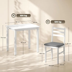 TAVOLO DA PRANZO Set 3 pezzi 80x60x74,5 cm Bianco con 2 sedie