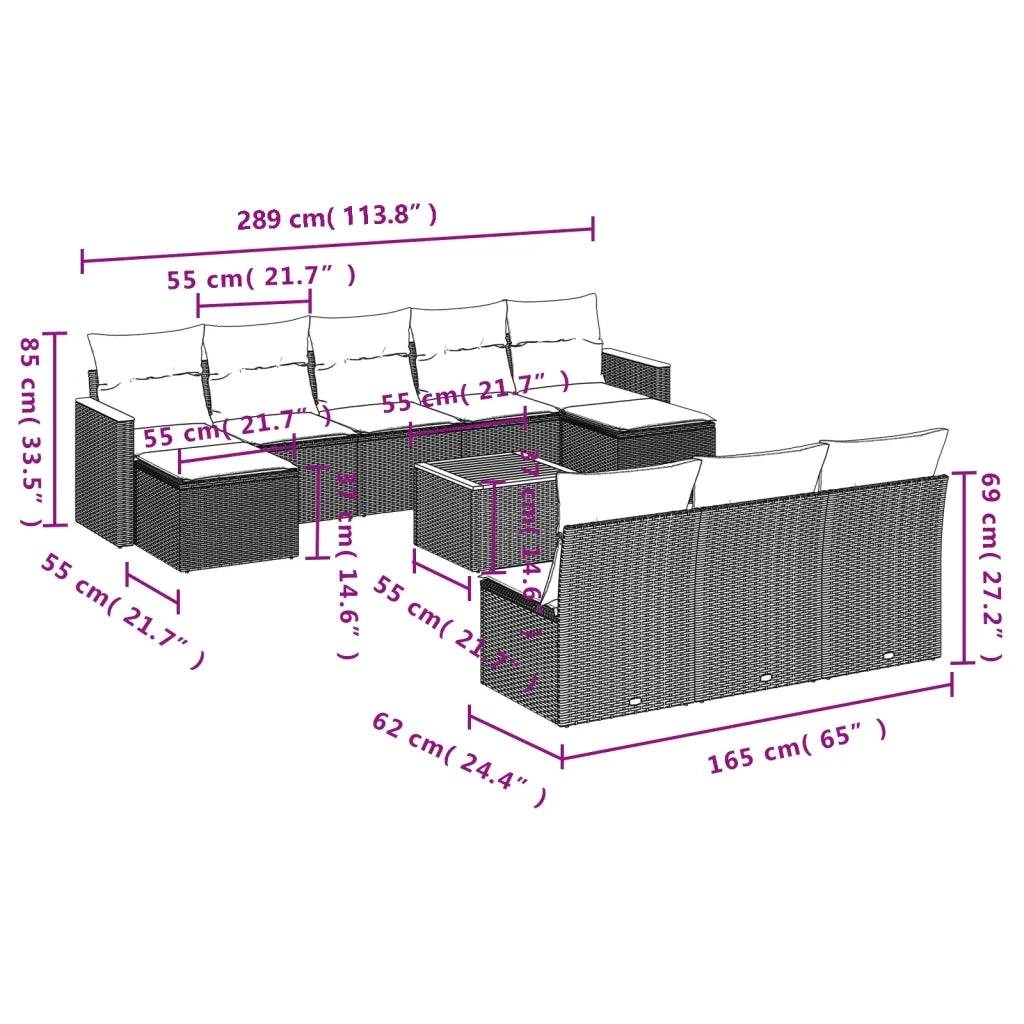 Set Divani da Giardino 11 pz con Cuscini in Polyrattan Nero