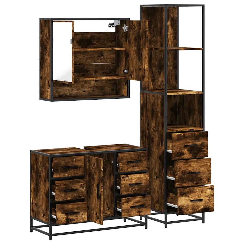 Set Mobili da Bagno | Armadio da bagno 3 pz Rovere Fumo in Legno Multistrato