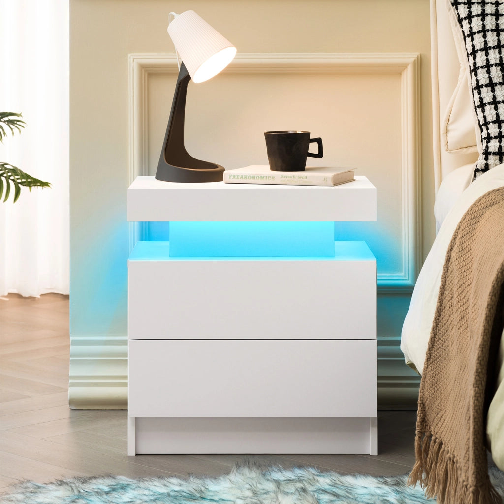 COMODINO LED con 2 cassetti Bianco in Legno ingegnerizzato