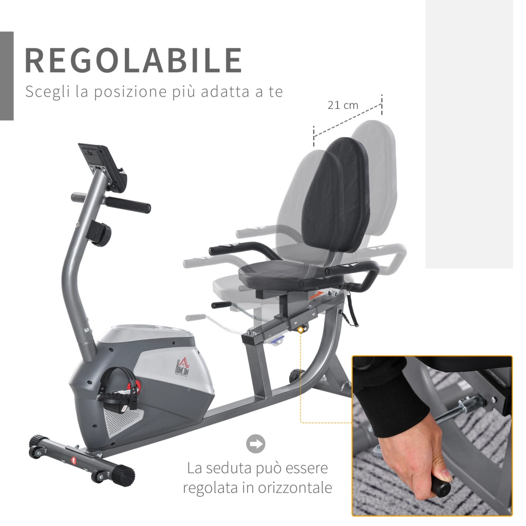 EasyComfort Cyclette Orizzontale con Seduta Regolabile, 8 Resistenze e Monitor LCD, 121.5-136x62.5x98cm, Grigio